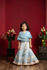 Powder Blue Draped Blouse & Printed Lehenga Set – A Modern Royal Dream