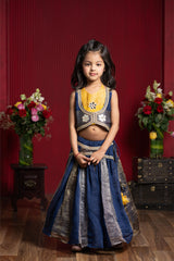 Mustard Crop Top With Handworked Jacket And Navy Panelled Flared Lehenga Set