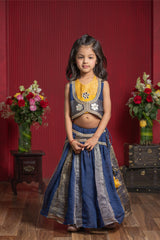 Mustard Crop Top With Handworked Jacket And Navy Panelled Flared Lehenga Set