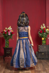 Mustard Crop Top With Handworked Jacket And Navy Panelled Flared Lehenga Set