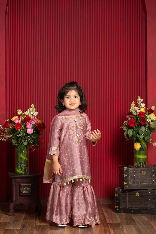 Dusty Rose Embroidered Kurti With Matching Sharara And Sheer Dupatta Set