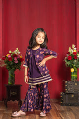 Plum Floral Kurti With Attached Jacket And Coordinated Flared Sharara Set