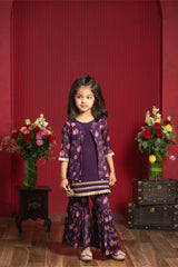 Plum Floral Kurti With Attached Jacket And Coordinated Flared Sharara Set