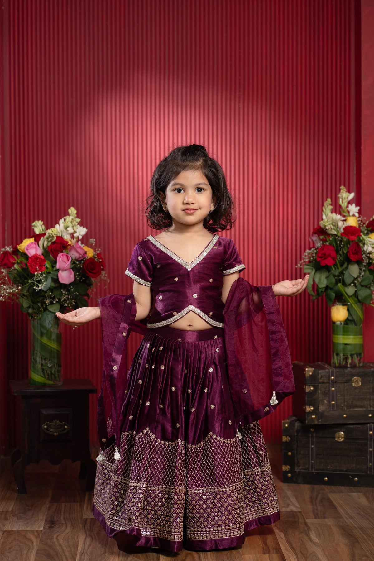 Sequin Embroidered Wine Top And Lehenga With Matching Net Dupatta