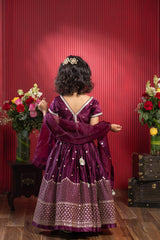 Sequin Embroidered Wine Top And Lehenga With Matching Net Dupatta