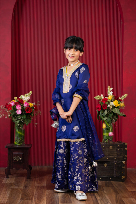 Beautiful Lace Adorned Kurti With Floral Palazzo And Dupatta