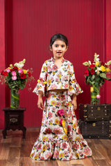 Beige Floral Wrap Crop Top With Bell Sleeves And Twirl-Worthy Printed Flared Skirt Set