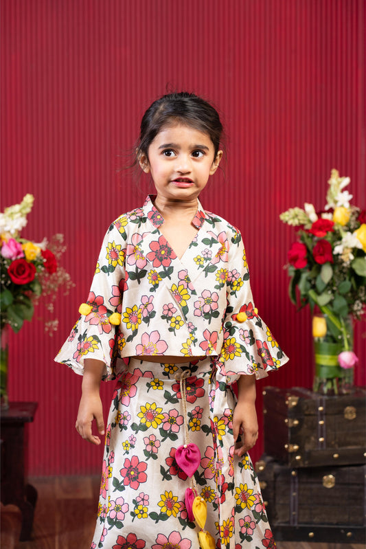Beige Floral Wrap Crop Top With Bell Sleeves And Twirl-Worthy Printed Flared Skirt Set