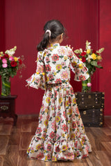 Beige Floral Wrap Crop Top With Bell Sleeves And Twirl-Worthy Printed Flared Skirt Set