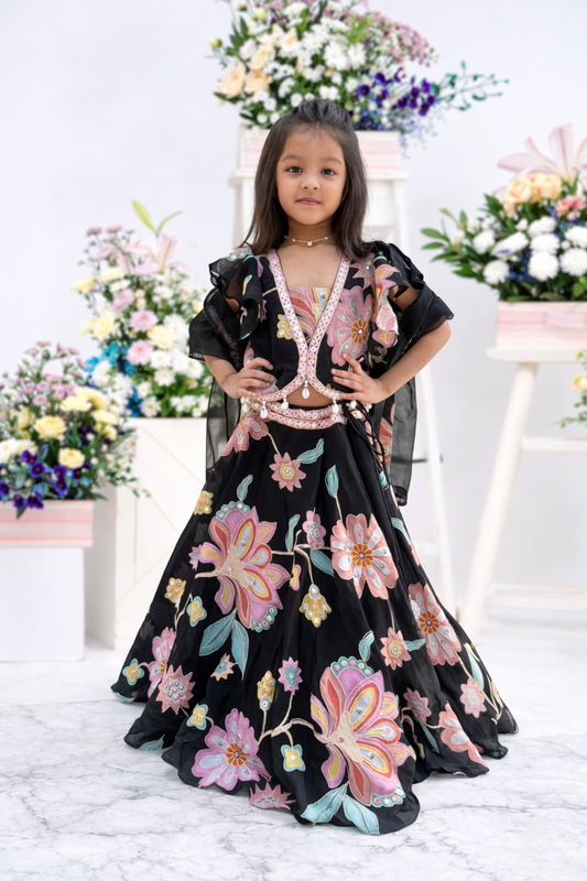 Floral Printed And Embroidered Top With Matching Lehenga And Organza Dupatta