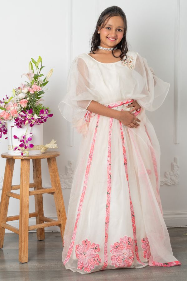Round Neck off white Top And Floral Applique Embroidered Lehenga - Kirti Agarwal