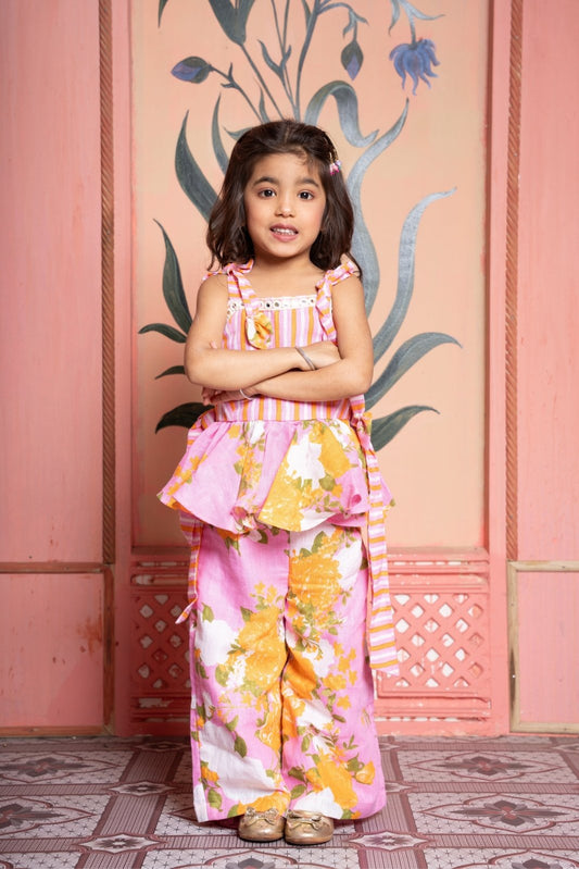 Add a burst of sunshine with this cheerful floral peplum top and pant co - ord set for girls - Kirti Agarwal