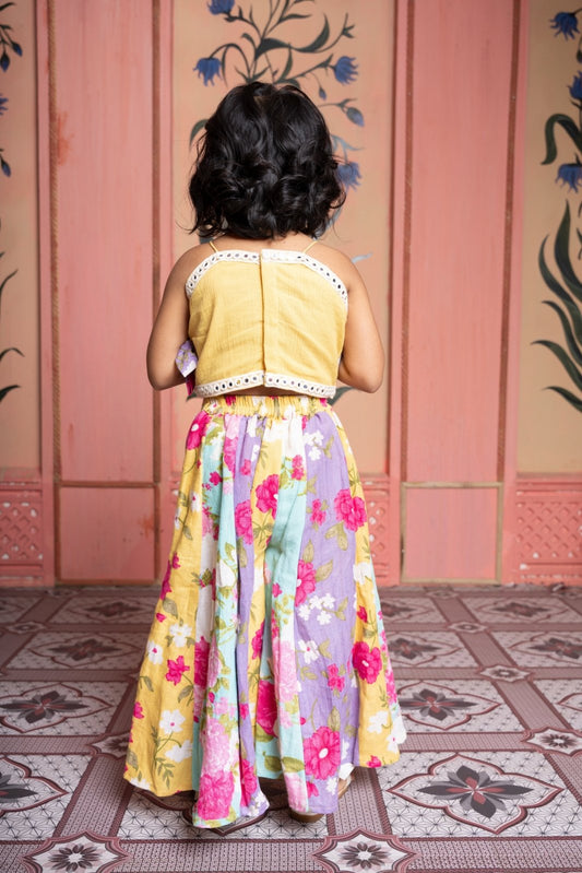 Add a pop of sunshine with this mustard crop top and floral paneled flared pants set for girls - Kirti Agarwal