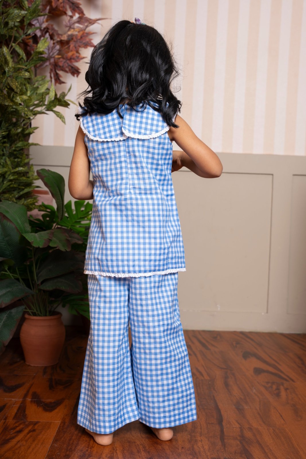 Adorable blue gingham co - ord set with playful patchwork and lace details — a perfect everyday outfit for your little trendsetter. - Kirti Agarwal