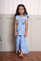 Adorable blue gingham co - ord set with playful patchwork and lace details — a perfect everyday outfit for your little trendsetter. - Kirti Agarwal