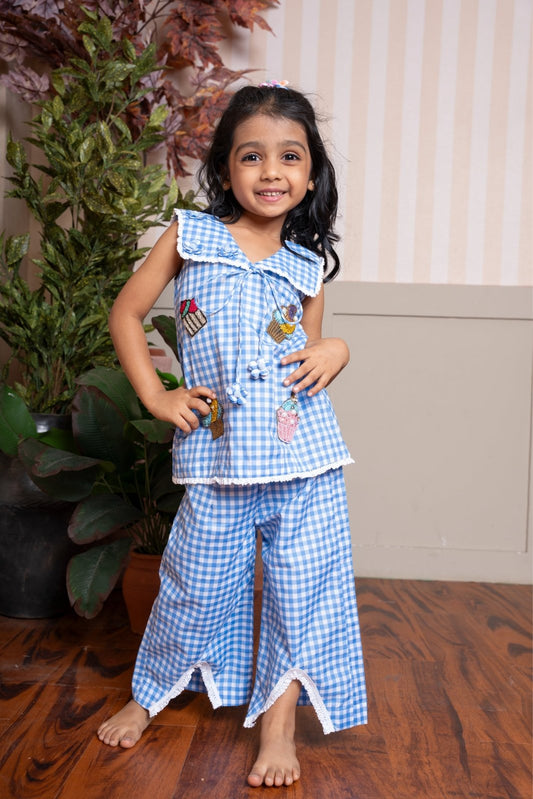 Adorable blue gingham co - ord set with playful patchwork and lace details — a perfect everyday outfit for your little trendsetter. - Kirti Agarwal