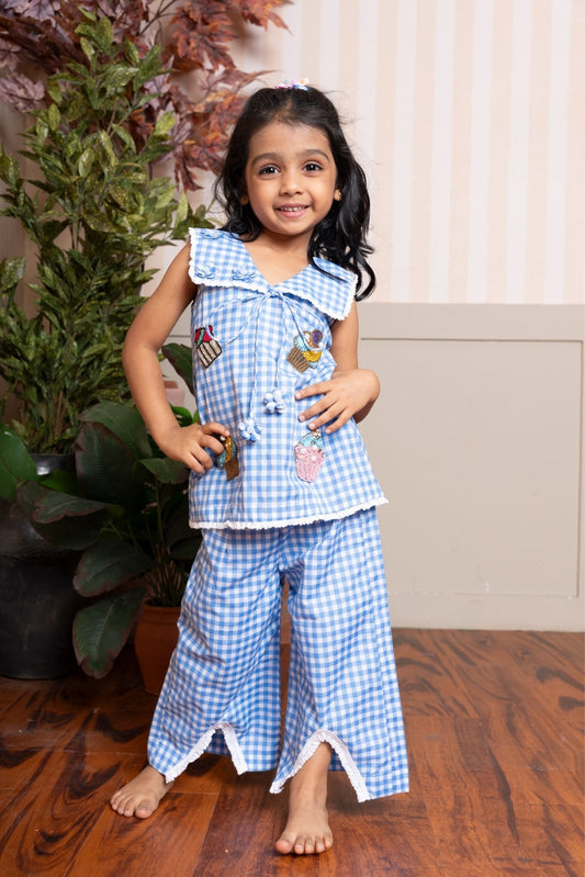 Adorable blue gingham co - ord set with playful patchwork and lace details — a perfect everyday outfit for your little trendsetter. - Kirti Agarwal