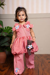 Adorable red gingham floral coord set with teddy sling – perfect for playful celebrations. - Kirti Agarwal