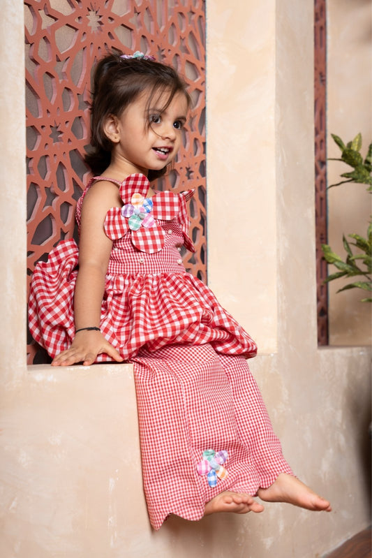 Adorable red gingham floral coord set with teddy sling – perfect for playful celebrations. - Kirti Agarwal