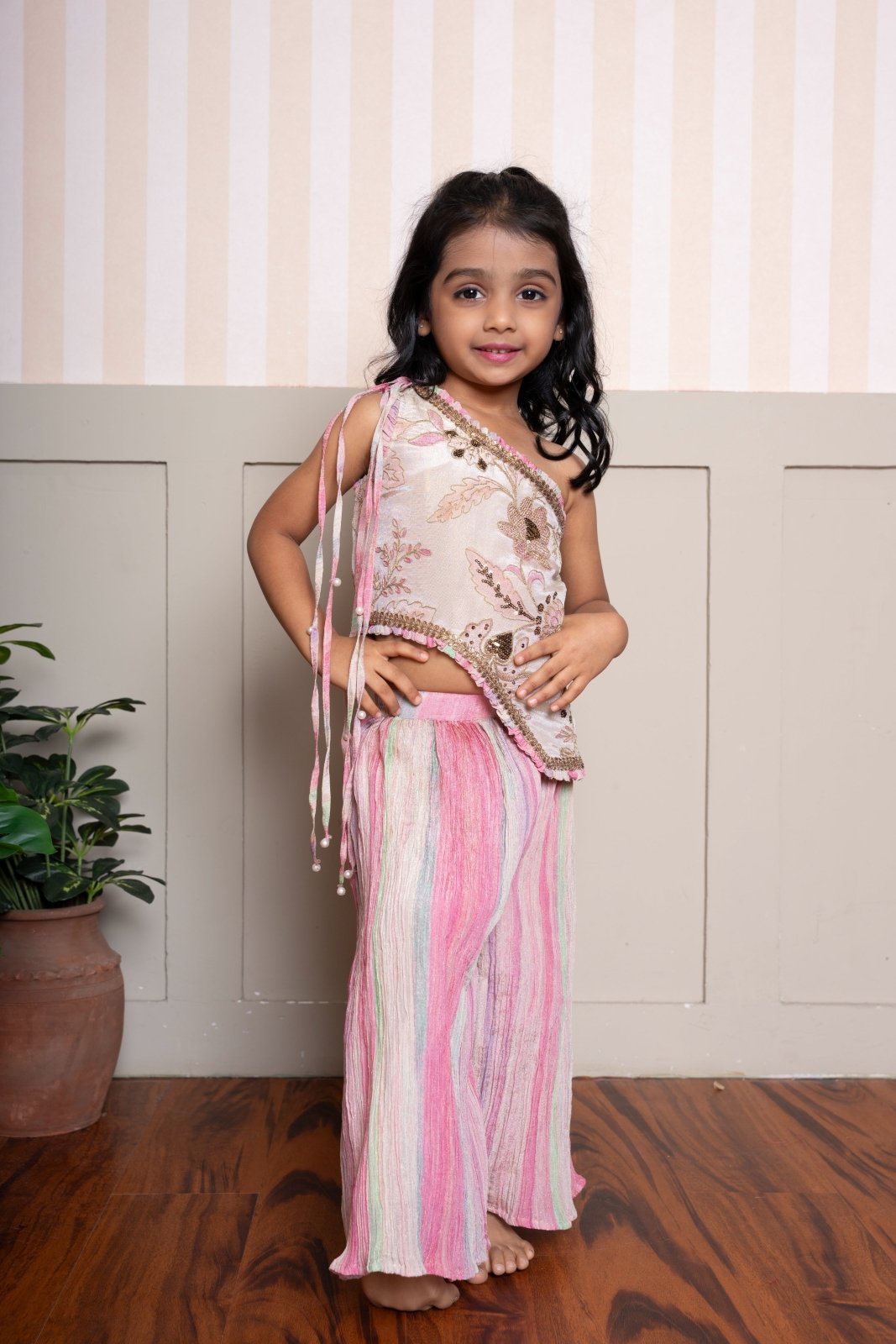 Beige Embroidered Top With Crush Tissue Palazzo - Kirti Agarwal