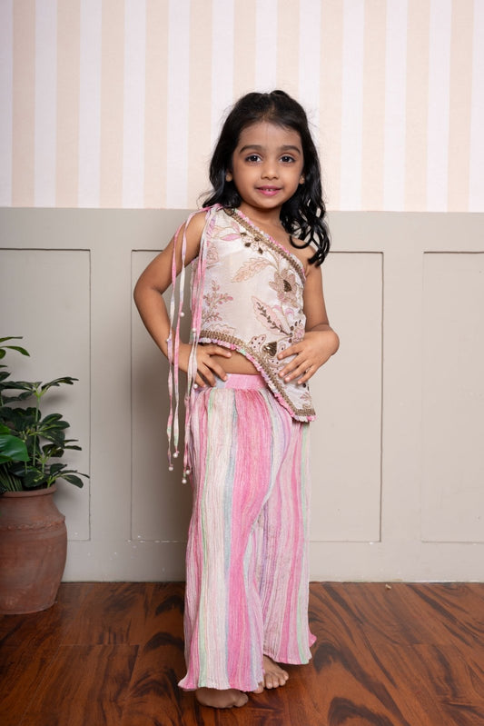 Beige Embroidered Top With Crush Tissue Palazzo - Kirti Agarwal