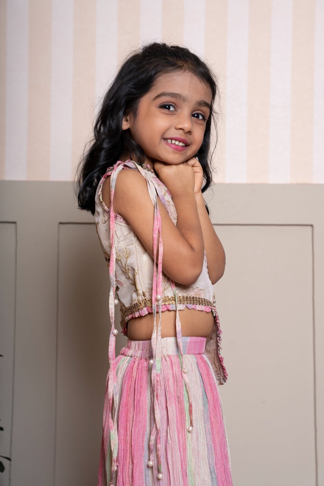 Beige Embroidered Top With Crush Tissue Palazzo - Kirti Agarwal