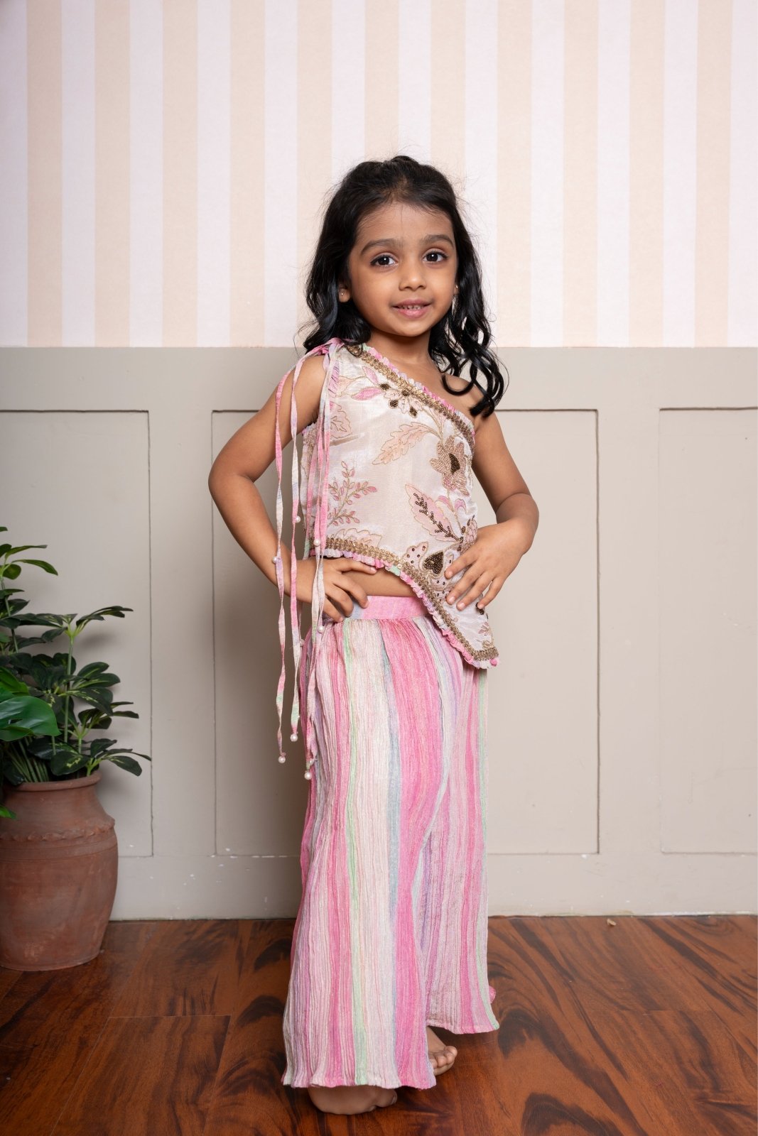 Beige Embroidered Top With Crush Tissue Palazzo - Kirti Agarwal