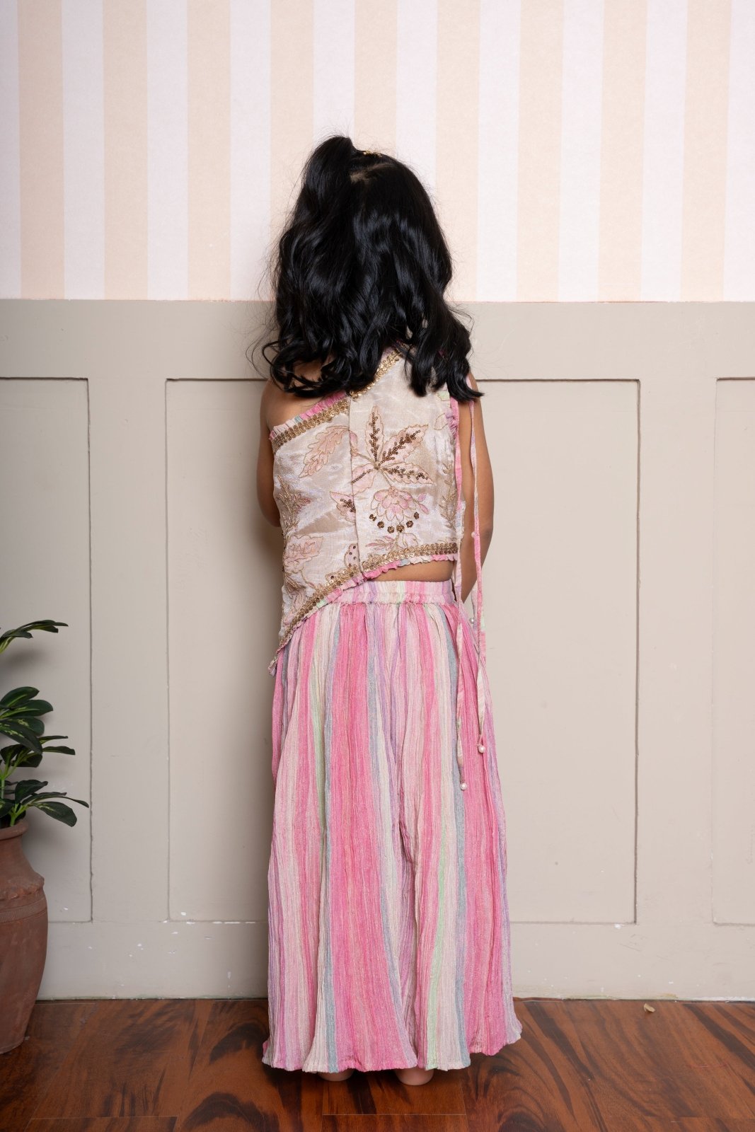 Beige Embroidered Top With Crush Tissue Palazzo - Kirti Agarwal