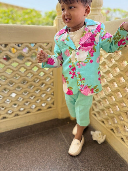Bloom in style with this mint floral blazer set – a cheerful pick for your little trendsetter! - Kirti Agarwal