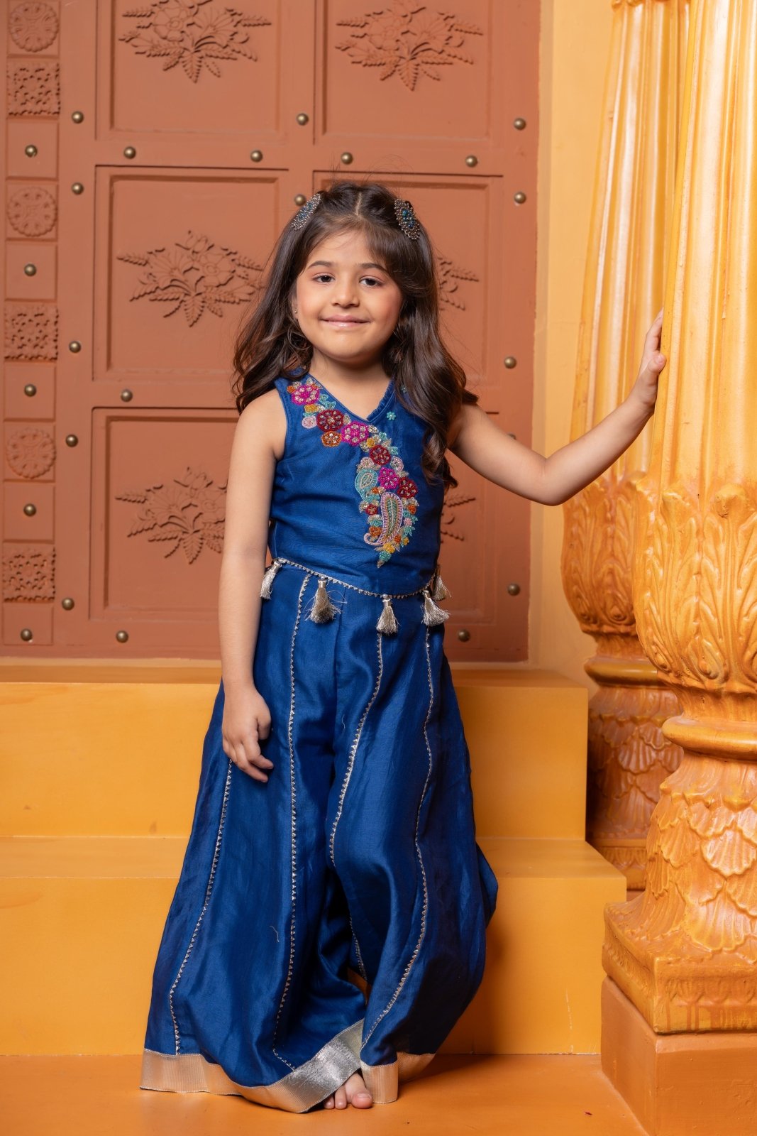 Blue Floral Embroidered Sleeveless Top With Palazzo - Kirti Agarwal