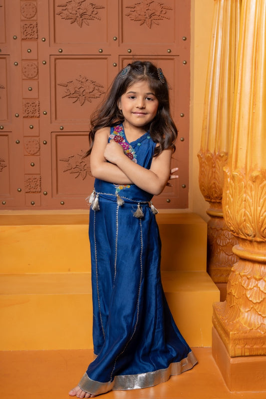 Blue Floral Embroidered Sleeveless Top With Palazzo - Kirti Agarwal