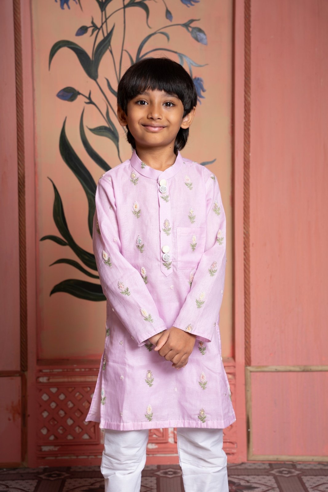Blush pink embroidered kurta with white churidar – a timeless festive essential for boys. - Kirti Agarwal
