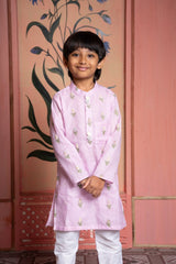 Blush pink embroidered kurta with white churidar – a timeless festive essential for boys. - Kirti Agarwal