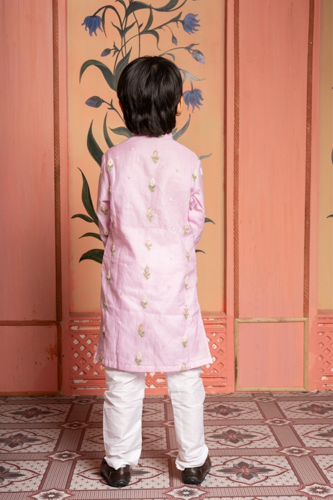 Blush pink embroidered kurta with white churidar – a timeless festive essential for boys. - Kirti Agarwal