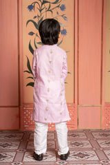 Blush pink embroidered kurta with white churidar – a timeless festive essential for boys. - Kirti Agarwal