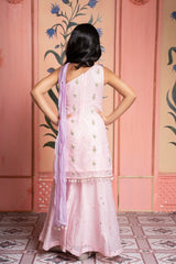 Blush pink embroidered sharara set with lavender dupatta — elegance crafted for festive flair. - Kirti Agarwal