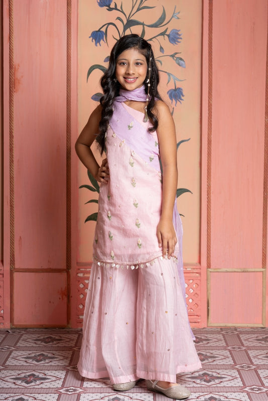 Blush pink embroidered sharara set with lavender dupatta — elegance crafted for festive flair. - Kirti Agarwal