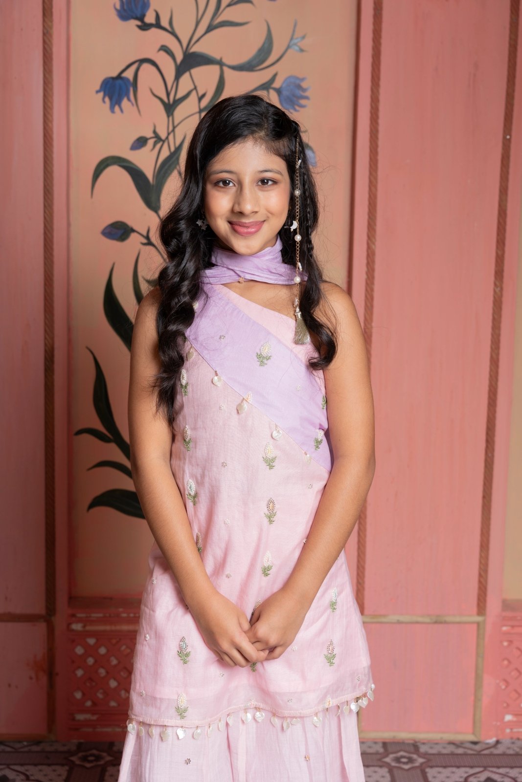 Blush pink embroidered sharara set with lavender dupatta — elegance crafted for festive flair. - Kirti Agarwal