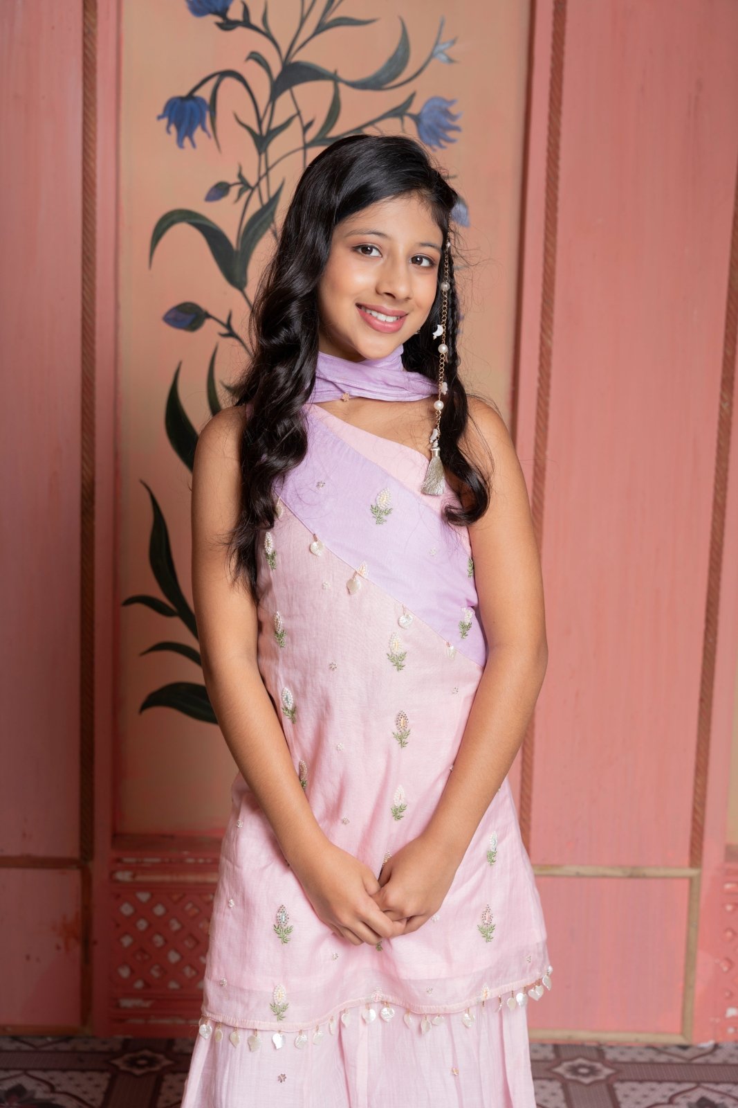 Blush pink embroidered sharara set with lavender dupatta — elegance crafted for festive flair. - Kirti Agarwal