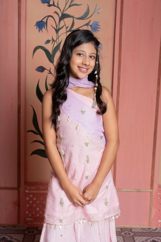 Blush pink embroidered sharara set with lavender dupatta — elegance crafted for festive flair. - Kirti Agarwal