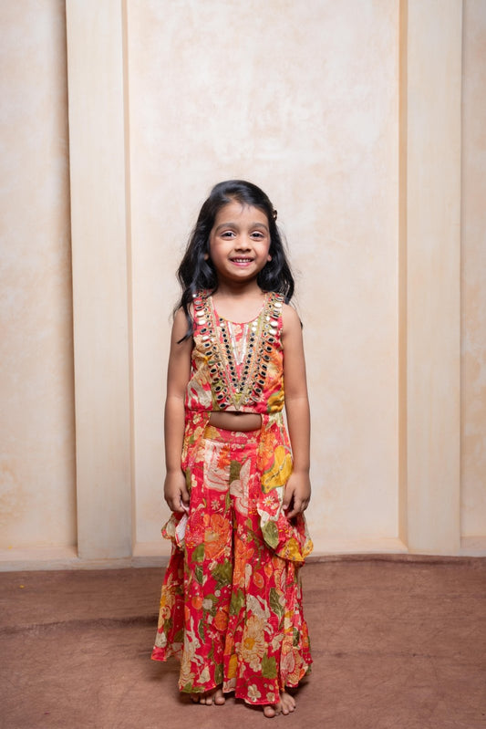Brighten every festive moment with this embroidered Crepe Chinnon top and floral brocade palazzo set — perfect for your little fashionista - Kirti Agarwal