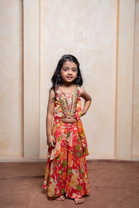 Brighten every festive moment with this embroidered Crepe Chinnon top and floral brocade palazzo set — perfect for your little fashionista - Kirti Agarwal