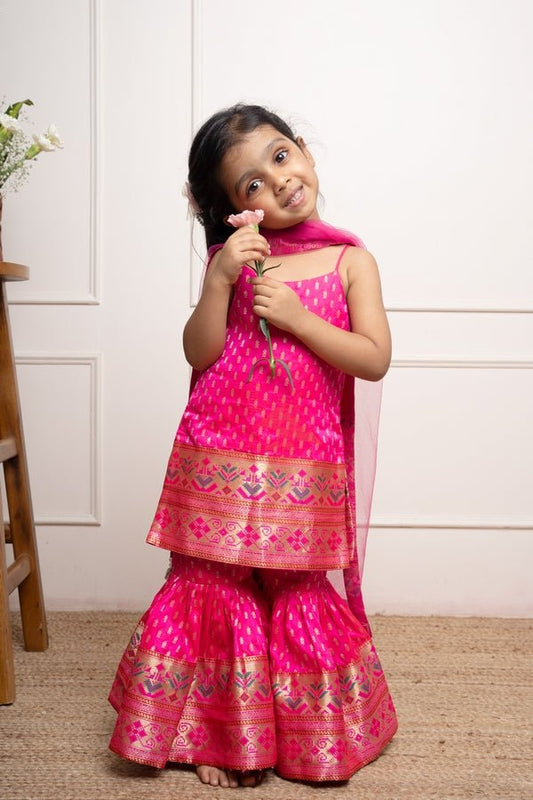 Brocade Strappy Kurti With Pleated Sharara - Kirti Agarwal