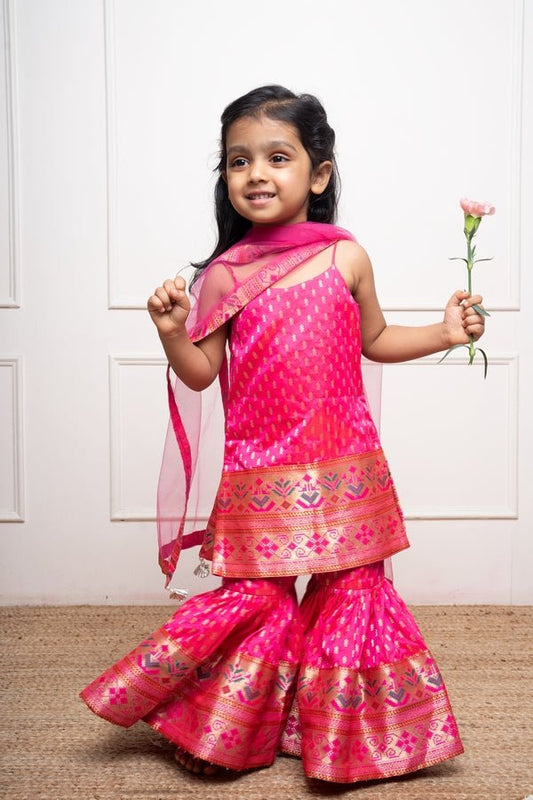 Brocade Strappy Kurti With Pleated Sharara - Kirti Agarwal