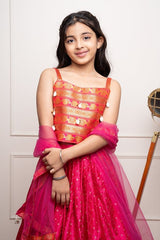 Brocade Strappy Top With Checks Embroidered Lehenga And Net Dupatta - Kirti Agarwal