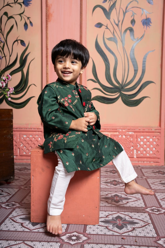 Celebrate traditions in style with this elegant dark green floral kurta - jacket set for boys - Kirti Agarwal