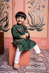 Celebrate traditions in style with this elegant dark green floral kurta - jacket set for boys - Kirti Agarwal