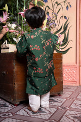 Celebrate traditions in style with this elegant dark green floral kurta - jacket set for boys - Kirti Agarwal