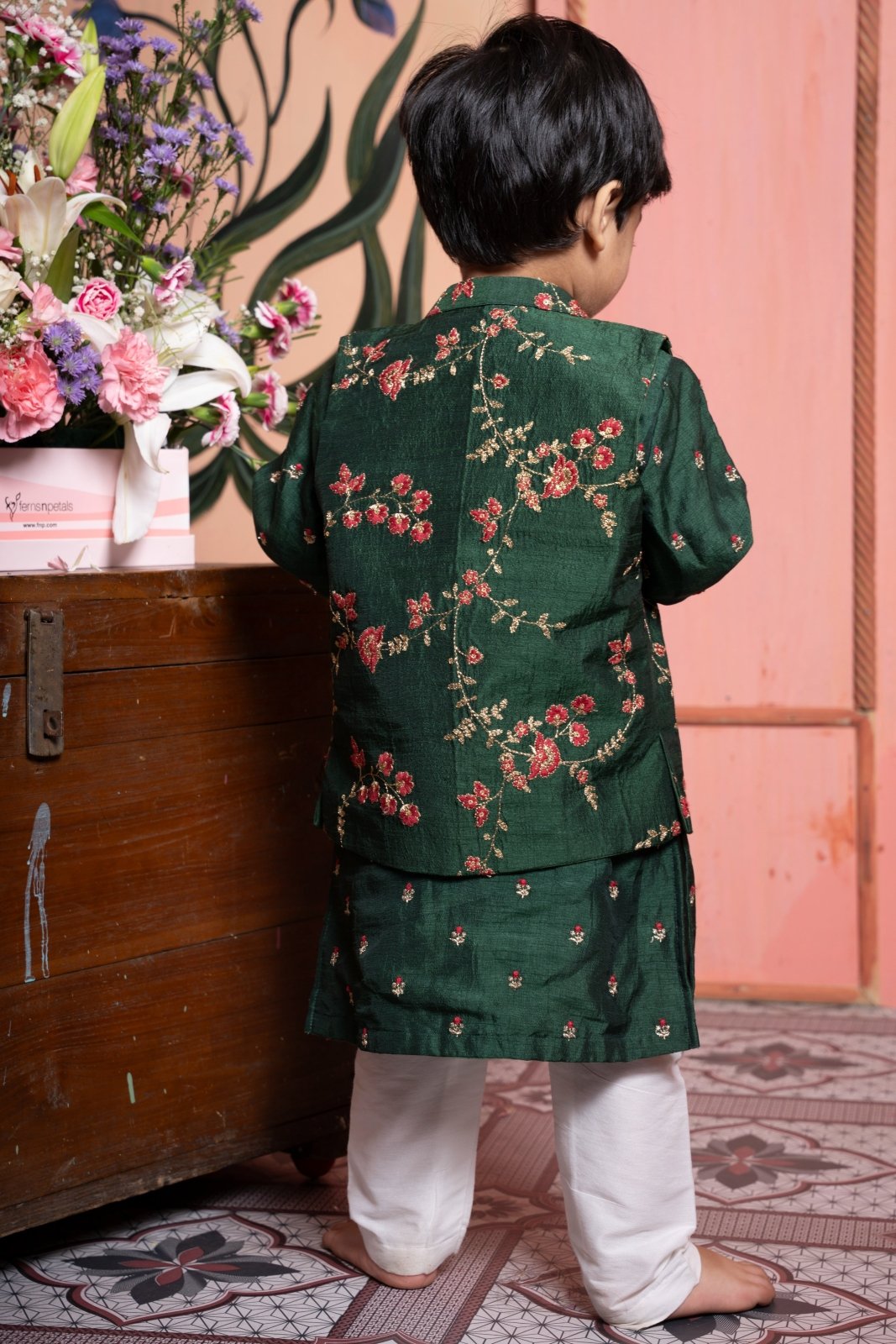 Celebrate traditions in style with this elegant dark green floral kurta - jacket set for boys - Kirti Agarwal