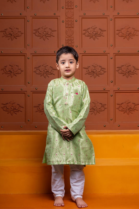 Charming green silk kurta with white churidar – a perfect ethnic outfit for boys on festive and special occasions - Kirti Agarwal